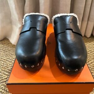 Hermes Cayla Black Shearling Lined Clogs